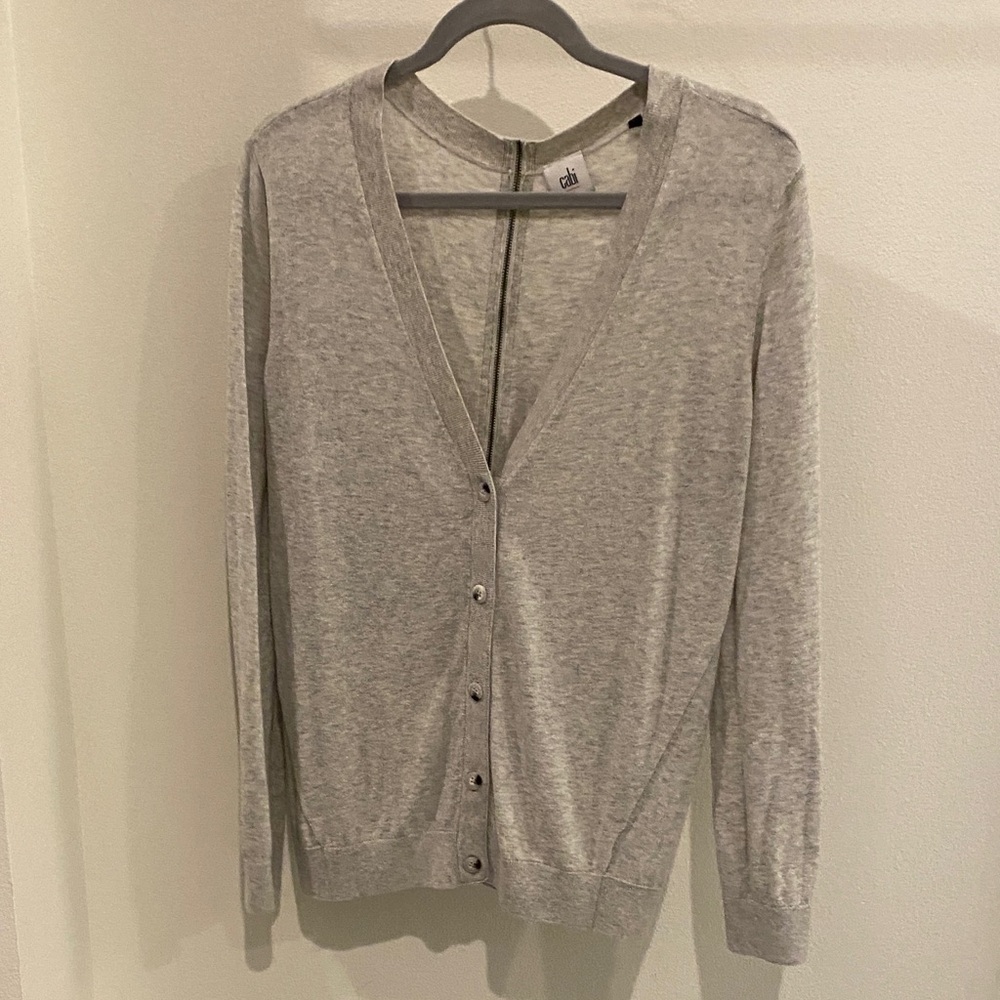 CAbi Light Gray Cardigan Sweater with back zipper detail